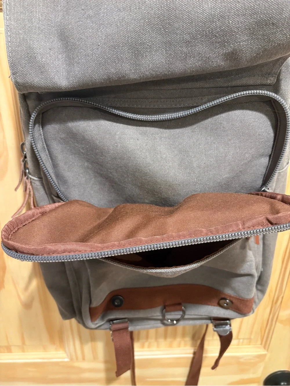 Gadnic Gray Canvas Backpack with Leather Accents
